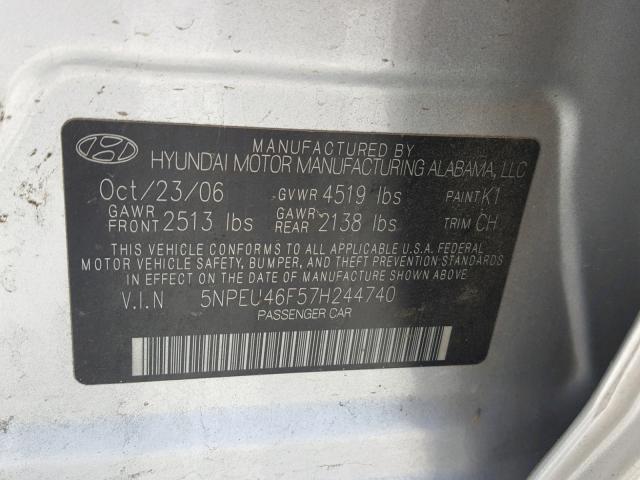 5NPEU46F57H244740 - 2007 HYUNDAI SONATA SE SILVER photo 10