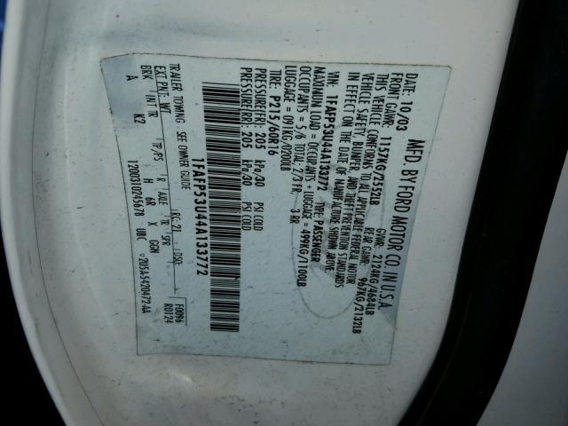 1FAFP53U44A133772 - 2004 FORD TAURUS SE WHITE photo 10