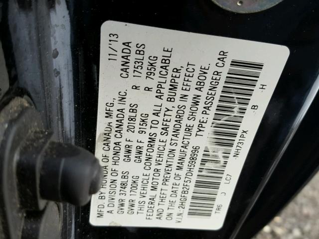 2HGFB2F57DH598996 - 2013 HONDA CIVIC LX BLACK photo 10