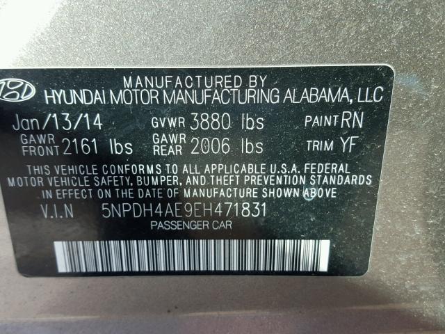 5NPDH4AE9EH471831 - 2014 HYUNDAI ELANTRA SE TAN photo 10