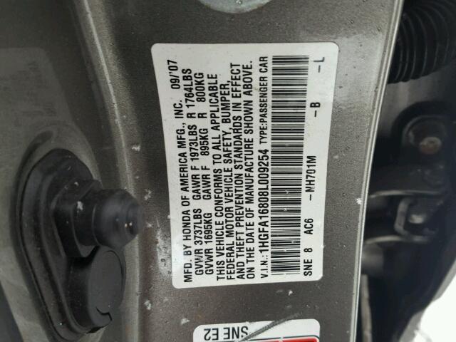 1HGFA16808L009254 - 2008 HONDA CIVIC EX BROWN photo 10