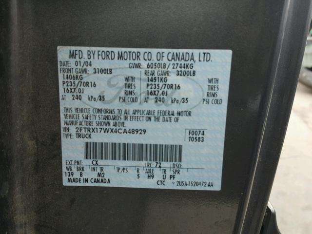 2FTRX17WX4CA48929 - 2004 FORD F-150 HERI CHARCOAL photo 10