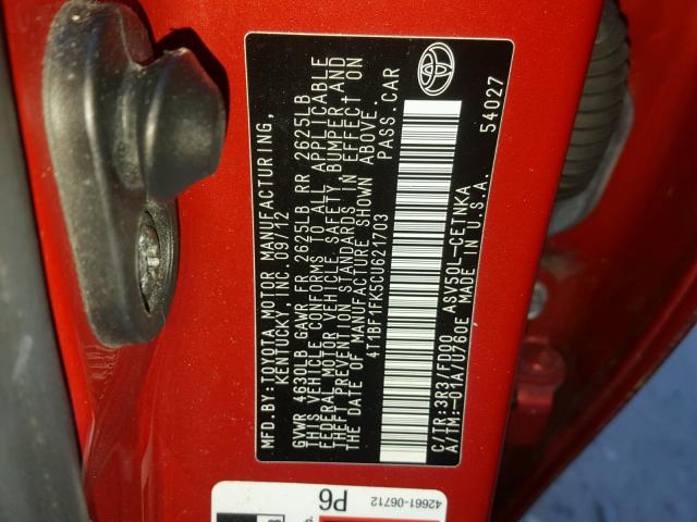 4T1BF1FK5CU621703 - 2012 TOYOTA CAMRY BASE RED photo 10