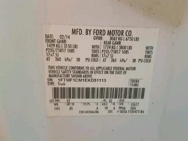 1FTMF1CM1EKD51113 - 2014 FORD F150 WHITE photo 10