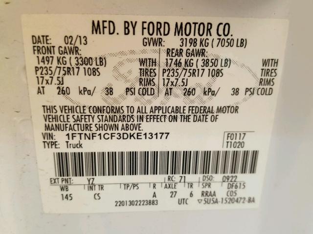 1FTNF1CF3DKE13177 - 2013 FORD F150 WHITE photo 10