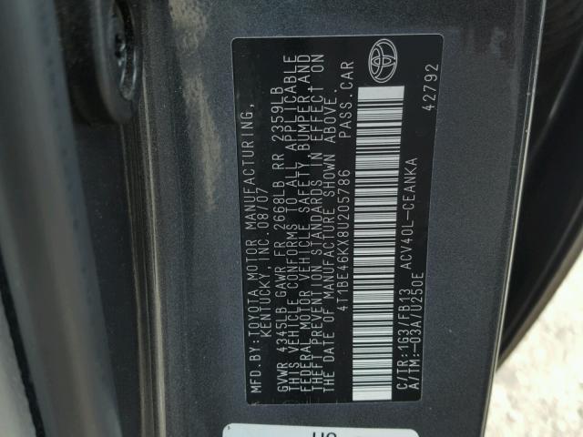 4T1BE46KX8U205786 - 2008 TOYOTA CAMRY CE CHARCOAL photo 10