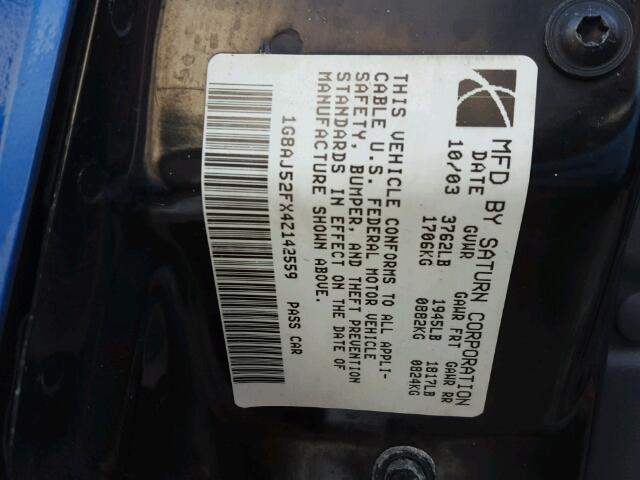1G8AJ52FX4Z142559 - 2004 SATURN ION LEVEL BLUE photo 10