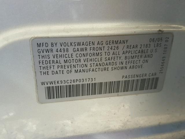 WVWEK93C26P031731 - 2006 VOLKSWAGEN PASSAT 2.0 SILVER photo 10