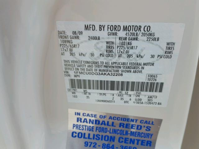 1FMCU0DG3AKA32208 - 2010 FORD ESCAPE XLT WHITE photo 10