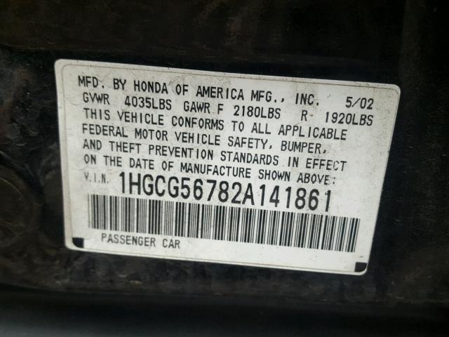 1HGCG56782A141861 - 2002 HONDA ACCORD SE BLACK photo 10