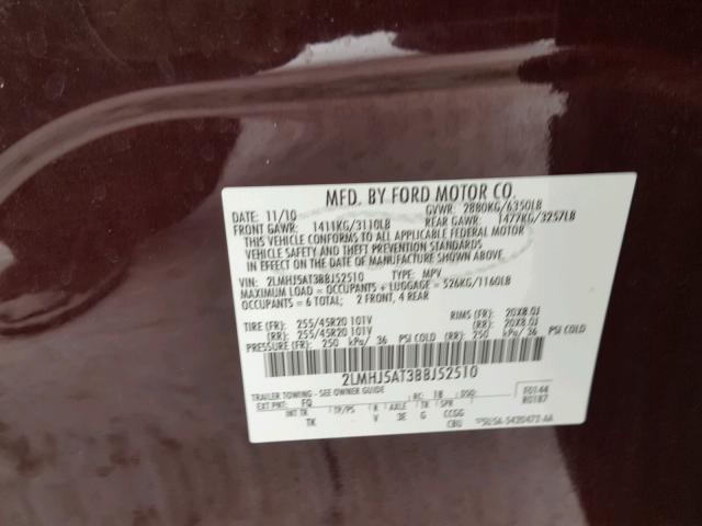 2LMHJ5AT3BBJ52510 - 2011 LINCOLN MKT BURGUNDY photo 10