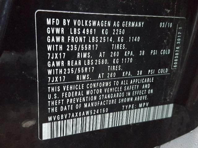 WVGBV7AX6AW524150 - 2010 VOLKSWAGEN TIGUAN SE 黑色 照片 10