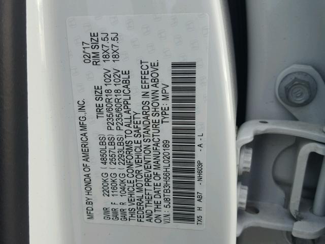 5J8TB3H56HL020189 - 2017 ACURA RDX TECHNO WHITE photo 10