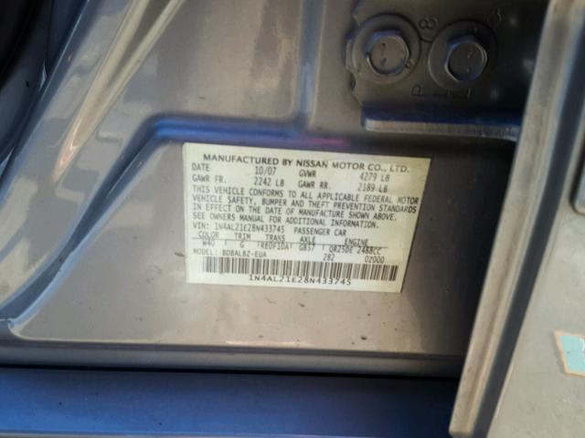 1N4AL21E28N433745 - 2008 NISSAN ALTIMA 2.5 GRAY photo 10