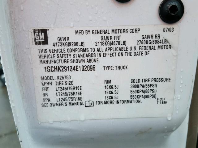 1GCHK29134E102096 - 2004 CHEVROLET SILVERADO WHITE photo 10