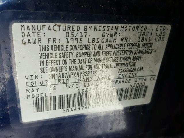 3N1AB7APXHY328176 - 2017 NISSAN SENTRA S BLUE photo 10