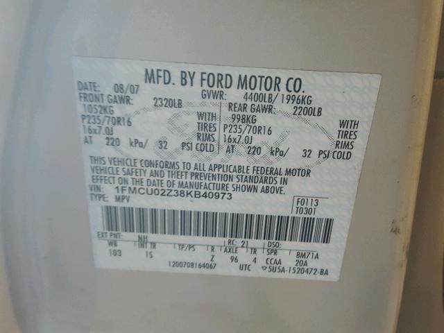 1FMCU02Z38KB40973 - 2008 FORD ESCAPE XLS WHITE photo 10