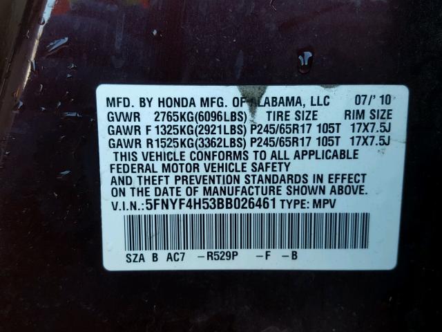 5FNYF4H53BB026461 - 2011 HONDA PILOT EXL MAROON photo 10