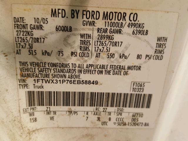 1FTWX31P76EB58849 - 2006 FORD F350 SRW S WHITE photo 10