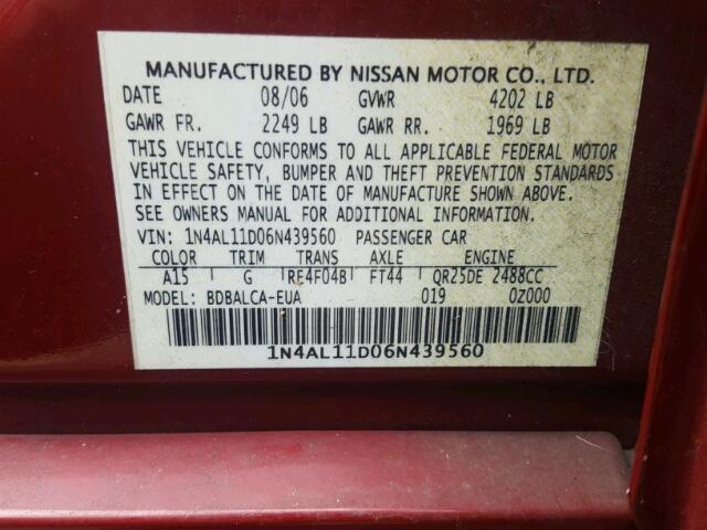 1N4AL11D06N439560 - 2006 NISSAN ALTIMA S MAROON photo 10