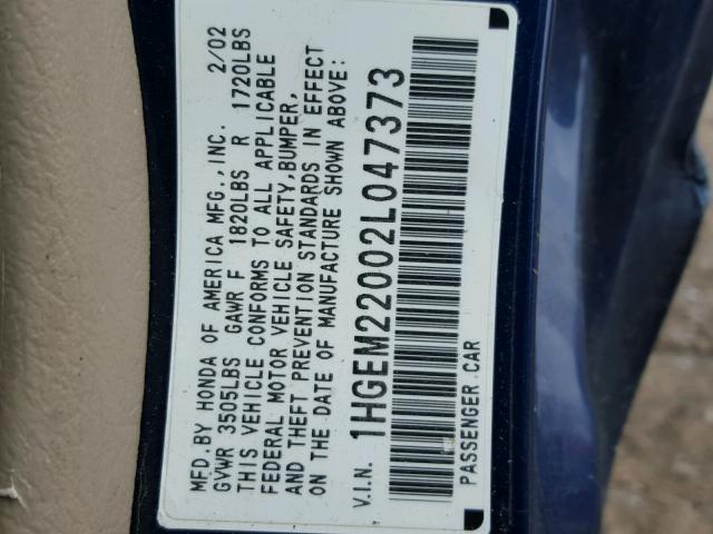 1HGEM22002L047373 - 2002 HONDA CIVIC EX Mavi foto 10