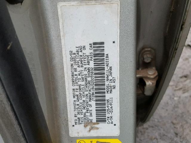 JT2BK18U520055832 - 2002 TOYOTA PRIUS SILVER photo 10