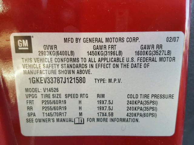 1GKEV33787J121580 - 2007 GMC ACADIA SLT წითელი ფოტო 10