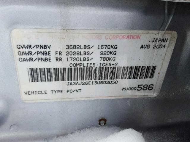 JA3AJ26E15U602050 - 2005 MITSUBISHI LANCER ES SILVER photo 10