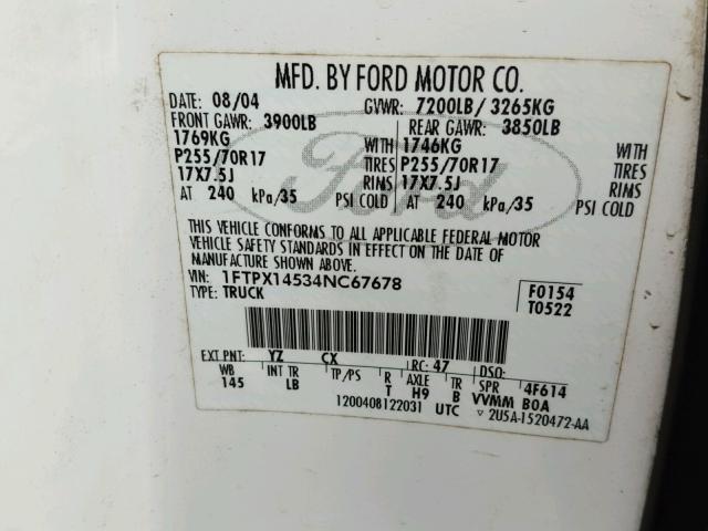 1FTPX14534NC67678 - 2004 FORD F150 WHITE photo 10