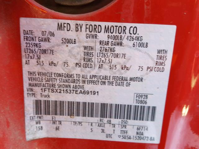 1FTSX21537EA69191 - 2007 FORD F250 SUPER RED photo 10