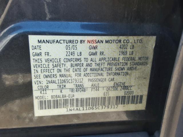 1N4AL11D65C379312 - 2005 NISSAN ALTIMA S GRAY photo 10