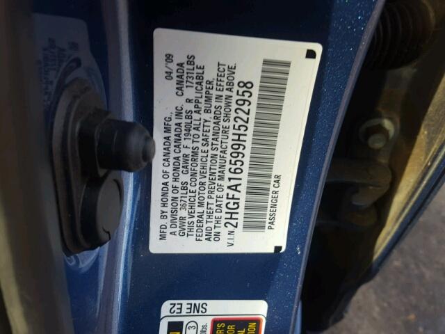 2HGFA16599H522958 - 2009 HONDA CIVIC LX BLUE photo 10