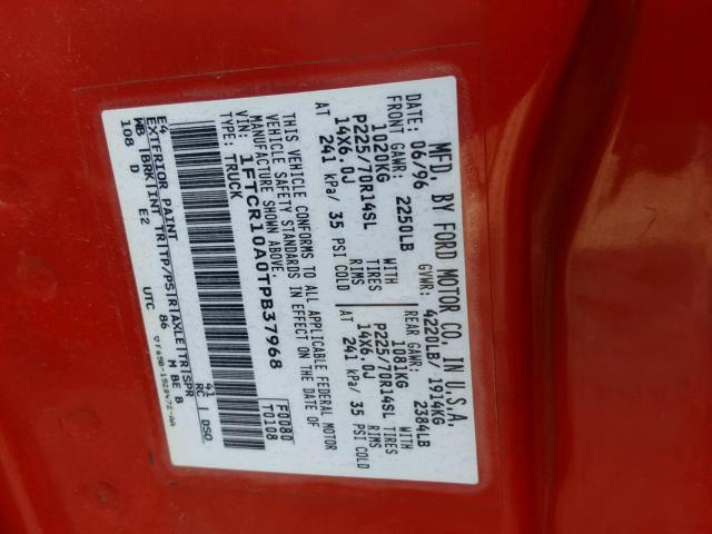 1FTCR10A0TPB37968 - 1996 FORD RANGER RED photo 10