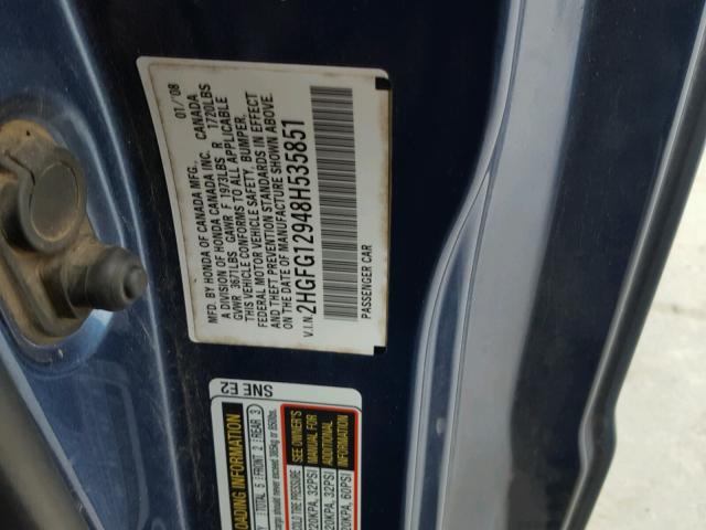 2HGFG12948H535851 - 2008 HONDA CIVIC EXL 蓝色 照片 10