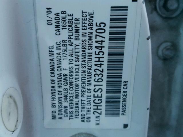 2HGES16324H544705 - 2004 HONDA CIVIC DX V WHITE photo 10