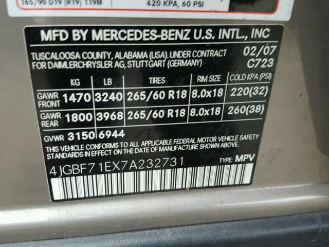 4JGBF71EX7A232731 - 2007 MERCEDES-BENZ GL 450 4MA SILVER photo 10