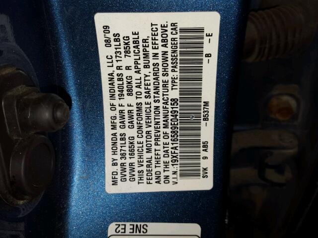 19XFA16589E049158 - 2009 HONDA CIVIC LX BLUE photo 10