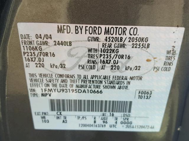 1FMYU93195DA10666 - 2005 FORD ESCAPE XLT GRAY photo 10