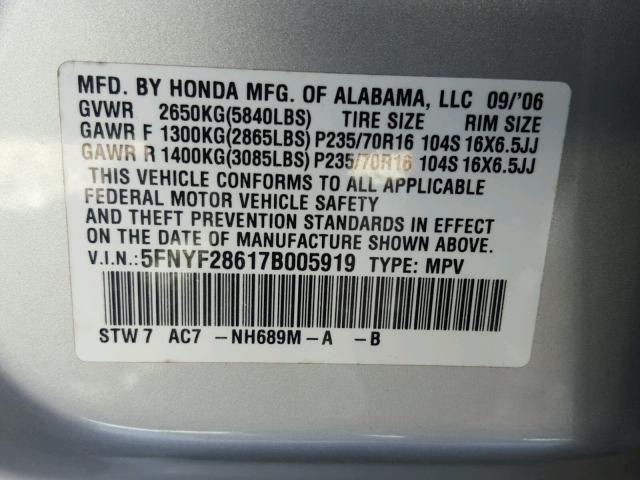 5FNYF28617B005919 - 2007 HONDA PILOT EXL SILVER photo 10