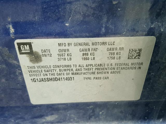 1G1JA5SH0D4114931 - 2013 CHEVROLET SONIC LS 蓝色 照片 10