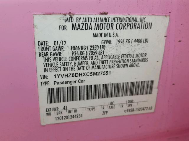 1YVHZ8DHXC5M27551 - 2012 MAZDA 6 I PINK photo 10