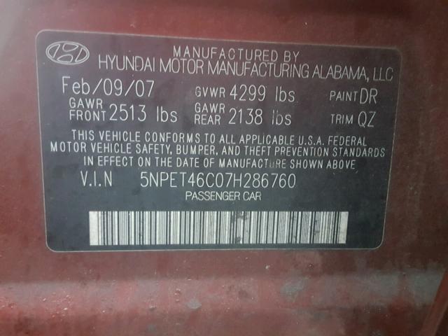 5NPET46C07H286760 - 2007 HYUNDAI SONATA GLS MAROON photo 10