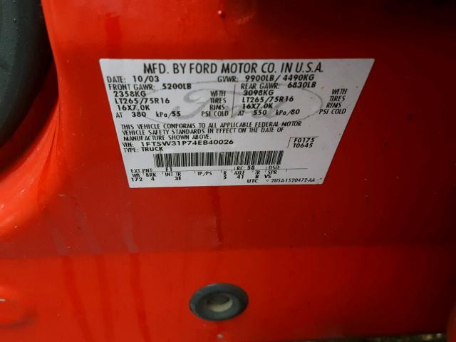 1FTSW31P74EB40026 - 2004 FORD F350 SRW S RED photo 10