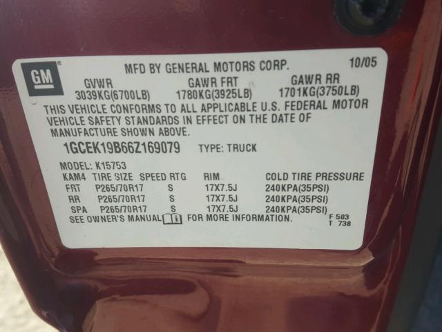 1GCEK19B66Z169079 - 2006 CHEVROLET SILVERADO MAROON photo 10