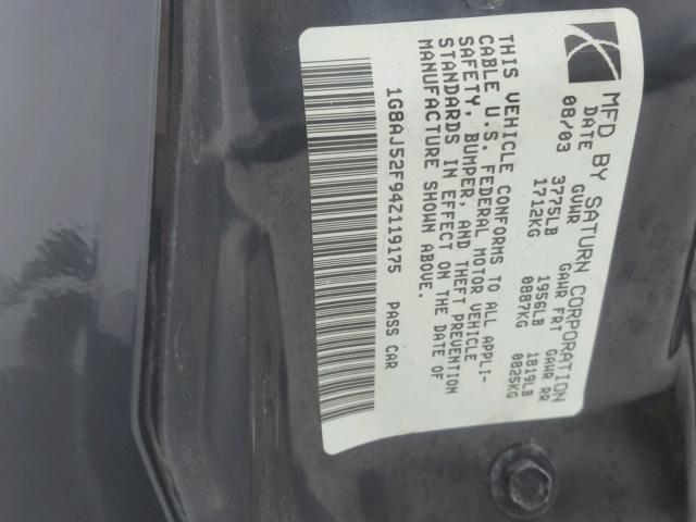 1G8AJ52F94Z119175 - 2004 SATURN ION LEVEL BLACK photo 10