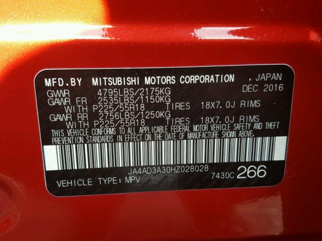 JA4AD3A30HZ028028 - 2017 MITSUBISHI OUTLANDER RED photo 10