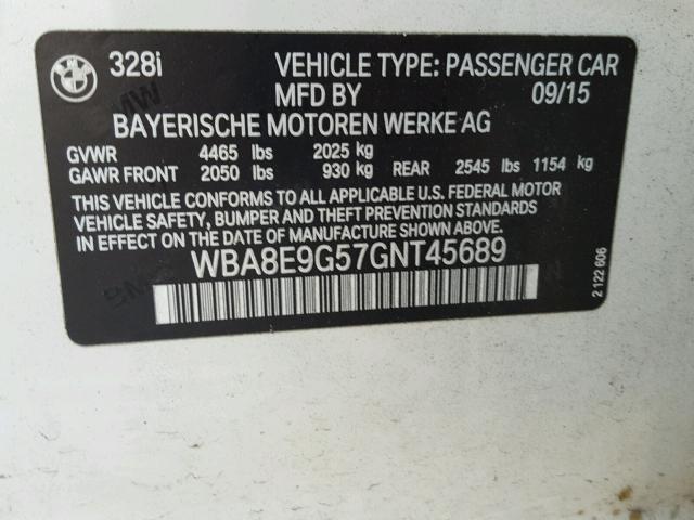 WBA8E9G57GNT45689 - 2016 BMW 328 I SULE WHITE photo 10