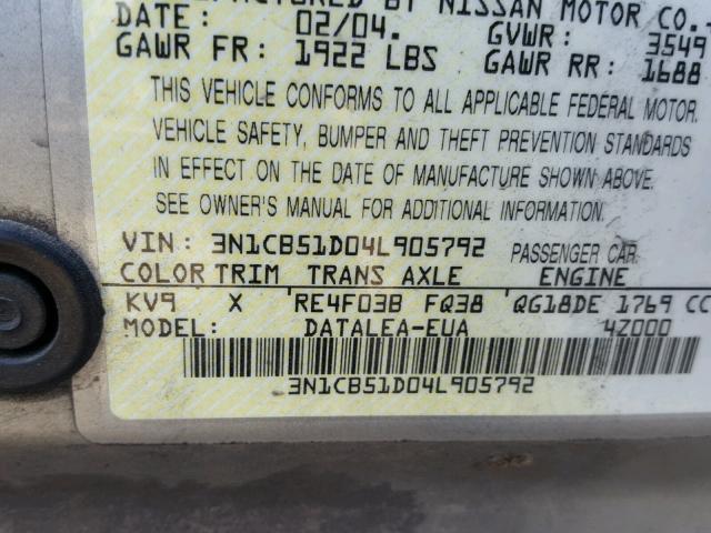 3N1CB51D04L905792 - 2004 NISSAN SENTRA 1.8 SILVER photo 10