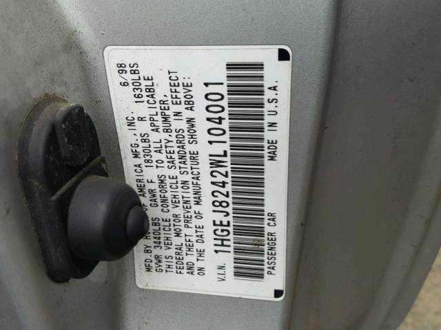 1HGEJ8242WL104001 - 1998 HONDA CIVIC EX SILVER photo 10