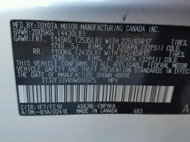 2T3ZF33V89W006975 - 2009 TOYOTA RAV4 SILVER photo 10